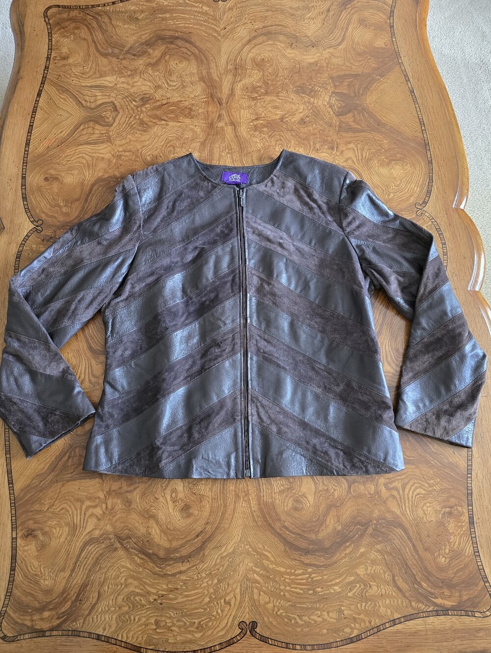 Women's Brown Leather and Suede Chevron Pattern Zip-Front Jacket Size Large